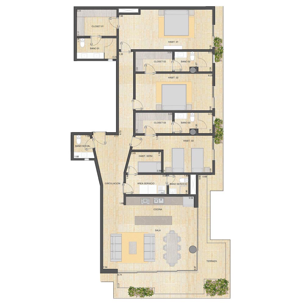 Floor plan of 3 bedroom apartments in Puerto Cancun #1.